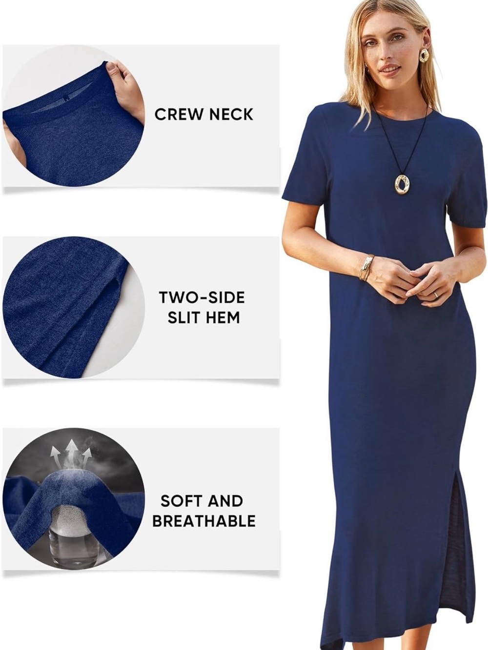 Women's Navy Short-Sleeve Maxi Dress - Casual Straight Fit - Picture 3 of 4